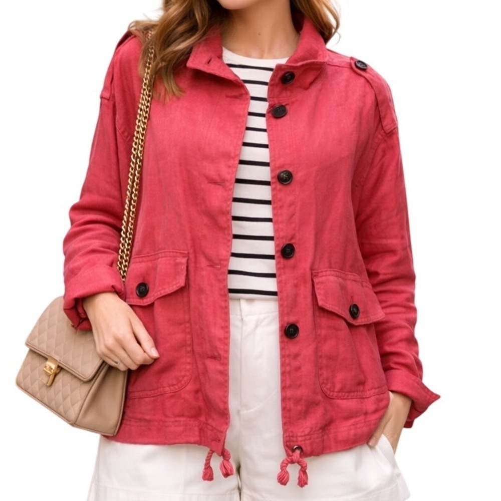 Talbots Women's Linen Button Front Jacket Pink Size XL Pockets Drawstring Waist